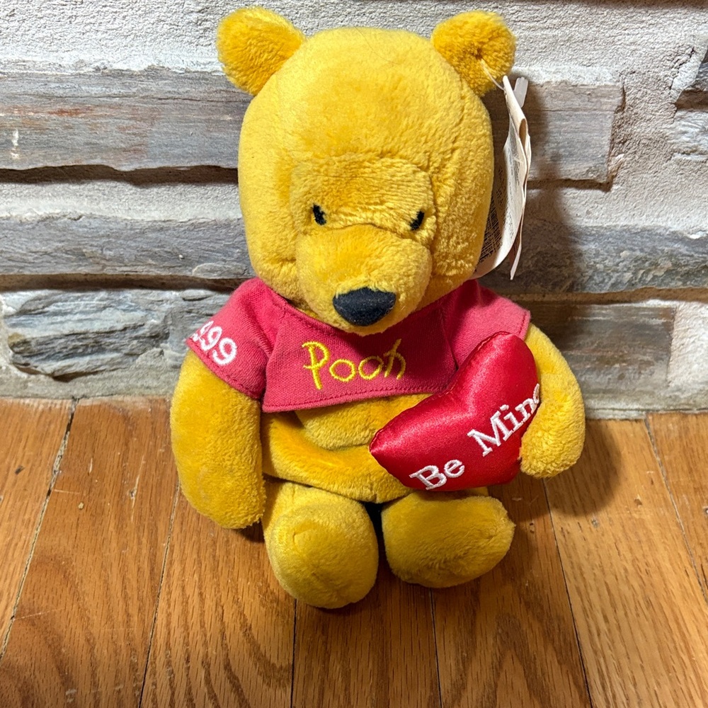 1999 Disney Yellow Pooh Valentine Plush with Red Shirt